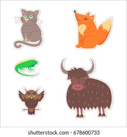 Stickers and icons set of cute wild and domestic animals - funny cat, fox, iguana, owl and yak flat vectors isolated on white. Bird, mammals and reptile illustrations outlined with dotted line
