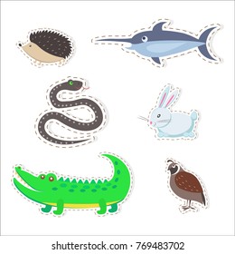 Stickers and icons set of cute wild and domestic animals - Partridge, snake, swordfish, crocodile, hare, hedgehog isolated flat vectors. 