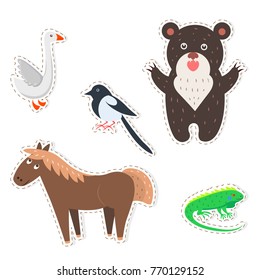 Stickers and icons set of cute wild and domestic animals - funny goose, bear, horse, magpie and iguana isolated flat vectors. Bird, mammals and reptiles illustrations outlined with dotted line
