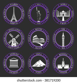 Stickers and icons of travel. Vector illustration isolated famous scenic attractions and places of world.