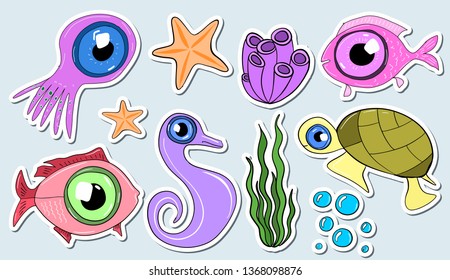 stickers with the image of sea animals. Cartoon illustration of the underwater world