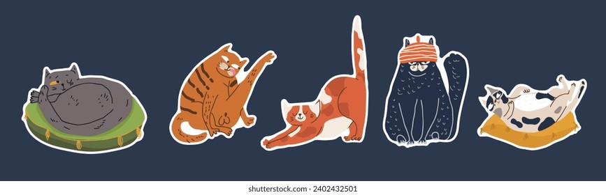 Stickers for International Cat Day on August 8th. Funny cheerful cartoon fat cat. Happy Pets Print greeting cards, posters, flyers.