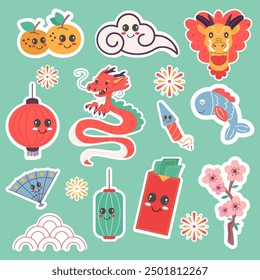 Stickers kawaii elements for chinese new year festival flat design 