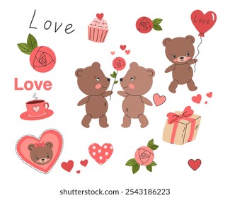 Pegatinas para niños, niñas, adultos. Antiguas, boho. Lindos Elementos del Día de San Valentín. Lindos osos de peluche amor, globo, rosa roja, dulce, flores colección, conjunto. Ilustración vectorial aislada sobre fondo blanco.