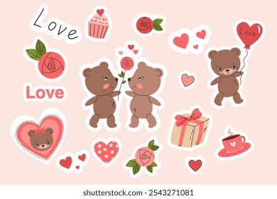 Pegatinas para niños, niñas, adultos. Antiguas, boho. Lindos Elementos felices del día de San Valentín. Lindos osos de peluche amor, globo, rosa roja, dulce, flores colección, conjunto. Ilustración vectorial aislada en blanco