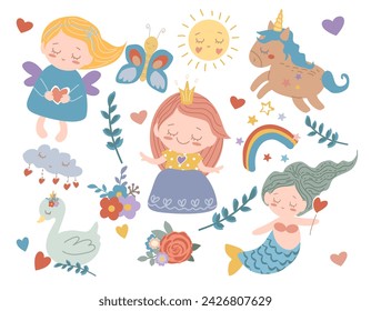 Pegatinas para niños. Vintage, boho.Linda chica, princesa, hada, sirena, unicornio, arco iris, cisne, colección de flores, conjunto. Ilustración vectorial aislada sobre fondo blanco. Patrón. Gracioso, pegatinas de dibujos animados 