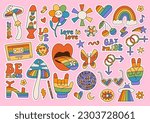 Stickers kit with LGBTQ community symbols with retro rainbow flag colored elements, pride symbols, gender signs. Pride month slogan and phrases quotes. Gay parade groovy celebration. Vector design