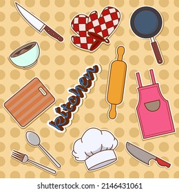 Etiquetas para artículos de cocina.  Cuchillo, sombrero de cocina, delantal, tazón, cubiertos, guantes resistentes al calor, sartén vegetal y sartén. Ilustración del vector Doodle.