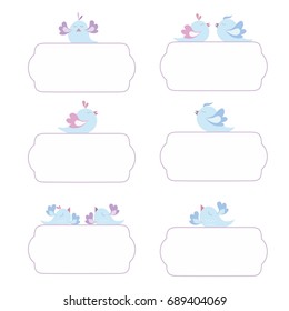 Stickers  and label with cute birds. Frames with cartoon birds vector illustration.