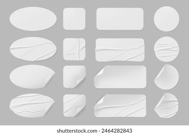 Stickers and labels with crumpled and glued surface texture. Vector isolated set of blank round and square papers with folded corners. Copy space and mockup on wet sticky notes with wrinkles crease