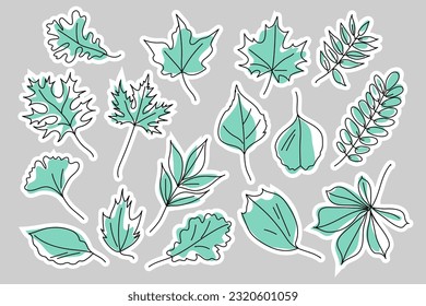 Pegatinas de hojas de árboles diferentes. Hojas de arce, roble, castaño, acacia, ceniza, ginkgo, alder, álamo, haya, elm. Conjunto de stickers, parches, pines. Ilustración del vector Doodle aislada.