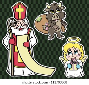 Stickers of legendary characters: St. Nicholas and his two assistants (angel and imp)