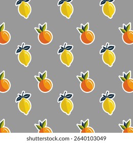 Stickers with lemons and oranges.Vector seamless pattern with lemon and orange stickers on a gray background.