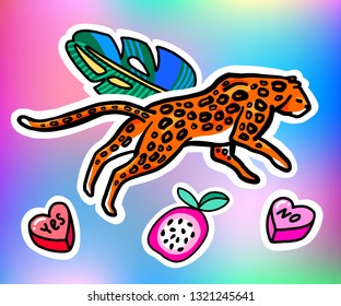 Stickers with leopard and tropical leaves. Wild cat. Monstera leaf. Isolated on holographic background. Summer illustration.