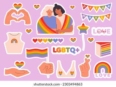 Stickers with LGBTQ symbols vector flat illustration. Set of LGBTQ community symbols. Pride month celebration. 