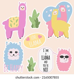 Stickers with llamas. Lama. Lovely llamas. Vector illustration.