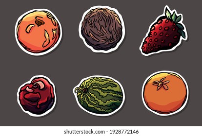 Stickers of lobules fruits and berries, dark background, cartoon style, isolated, coconut, strawberry, watermelon, peach, orange, cherry, outline, typography, funny, kids, fun, glue, cut, children