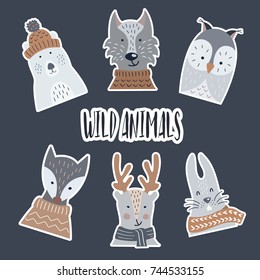 Pegatinas hechas de papel con una sombra de animales salvajes y forestales. Oso, Lobo, Lechuza, Fox, Venado, Liebre. Ilustración vectorial.