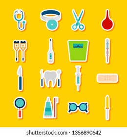 Stickers Medical Tools. Vector Illustration Flat Style. Collection of Health Symbols.