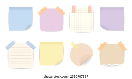 Stickers and Memo Note Set. A collection of various paper notes with tapes and curled corners, perfect for design projects, scrapbooking, presentations, and social media. Note message templates.