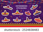 Stickers of Mexican sombrero hats for holiday fiesta in Mexico, vector cartoon icons. Sombrero stickers with national ethnic Mexican ornament decoration and papel picado flags in confetti for party