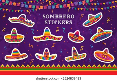 Adesivos de chapéus sombrero mexicanos para festa no México, ícones de desenhos animados vetoriais. Adesivos de Sombrero com decoração de ornamentos étnicos mexicanos e bandeiras de papel picado em confete para festa