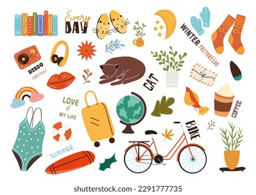 Stickers minimalistic set. Rainbow, lips and swimsuit, coffee. Globe, bike and surfboard. Winter warm clothes, mittens and socks. Cartoon flat vector illustrations isolated on white background