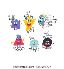 Stickers monsters set, lettering isolated on white. Collection of creepy creature characters,. Hand drawn cartoon aliens, funny phrases - I don't believe in humans. It's friday, baby. Roar! Hello