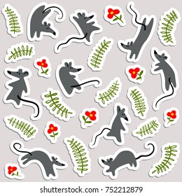 Stickers with mouses and flowers. Labels with cute rats and floral elements. Vector illustration with animals  in minimalistic flat style
