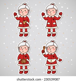 Stickers with Mrs Claus, set, vector.