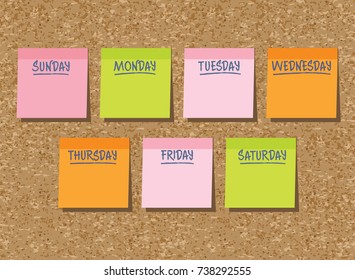 Stickers multicolored on cork background, Sunday, Monday, Tuesday, Wednesday, Thursday, Friday, Saturday, reminder, day, week, illustration, vector