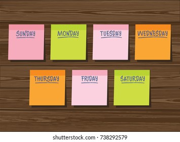 Stickers multicolored on dark brown wooden background, Sunday, Monday, Tuesday, Wednesday, Thursday, Friday, Saturday, reminder, day, week, illustration, vector