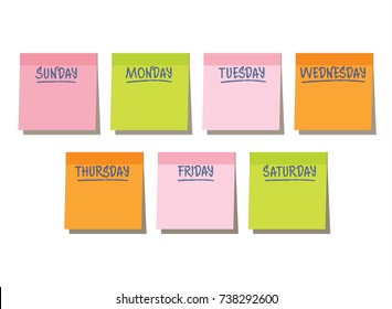 Stickers multicolored on white background, Sunday, Monday, Tuesday, Wednesday, Thursday, Friday, Saturday, reminder, day, week, illustration, vector