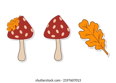 Stickers of mushroom fly agaric and oak leaf. Cute cartoon autumn seasonal set.