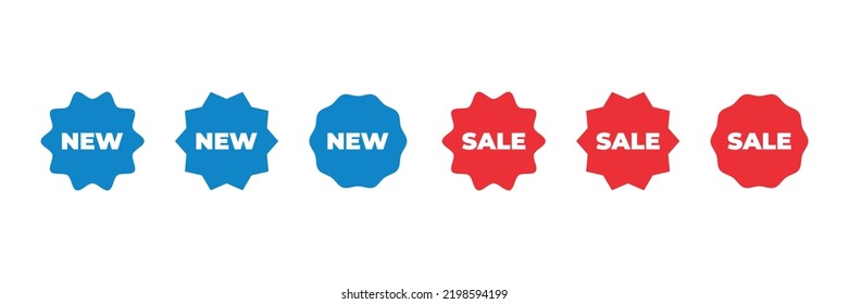 Stickers for new arrival and sale  shop product .Star burst tags .Set of new and sale labels  isolated on white background. Vector illustration . Red and blue sticker.