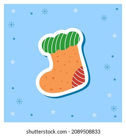 Stickers of New Year and Christmas cookies – christmas sock for gifts from Santa Claus. Vector illustration
