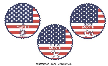 Stickers for newborns on the flag of America. Horse, duck, sun
