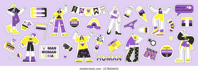 Stickers with nonbinary symbols and flags vector illustration set. Genderqueer elements for lgbtq+ pride on background.