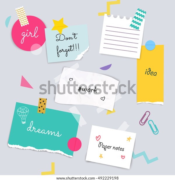 Stickers and note\
papers collection. Different scraps of paper stuck by sticky tape.\
Vector illustration.