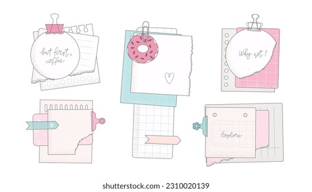 Stickers, note papers, planner doodles vector illustrations collection. Linear set for diary, notepad.