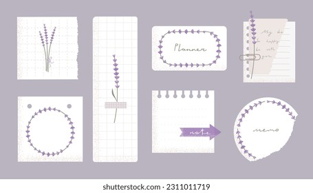 Pegatinas, papeles de notas, dibujos vectoriales de doodles planner con diseño de lavanda. Colores claros para el diario, el bloc de notas.