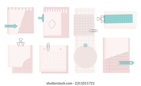 Stickers, note papers, planner doodles vector illustrations collection. Light colors set for diary, notebook.