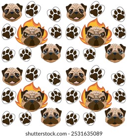 stickers for notepad, stickers for social networks, paw, footprint, dog footprint, pug, pug puppy, dog portrait, happy pug, happy dog, character, sticker, social network, dog