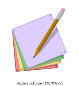 Stickers for notes of different colors with a pencil over them. Vector illustration on white background.