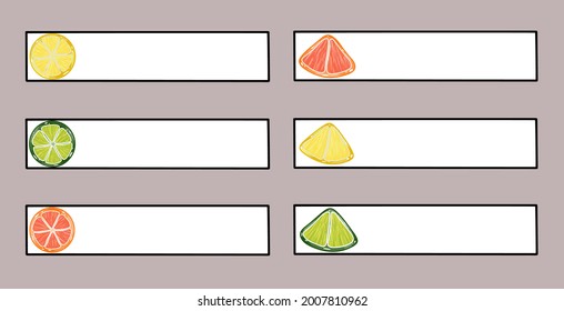 Stickers for notes with original citrus, lime, orange, lemon, grapefruit designs. Stickers for study, home design, planner. Vector hand drawn. Stickers for children, schoolchildren, students.