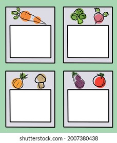 Stickers for notes with original design of vegetables. Stickers for study, home design, planner. Vector hand drawing. Summer stickers with pictures of carrots, broccoli, radishes, onions, mushrooms