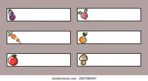 Stickers for notes with original design of vegetables. Stickers for study, home design, planner. Vector hand drawing. Summer stickers with pictures of carrots, broccoli, radishes, onions, mushrooms