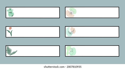 Etiquetas para notas con diseños originales de hojas, plantas, flores. Pegatinas para estudio, diseño doméstico, planificador. Dibujado a mano por el vector. Etiquetas para niños, escolares, estudiantes.