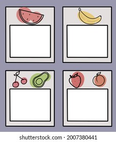 Aufkleber für Notizen mit originalen Obstdesigns. Sticker für das Studium, Heimdesign, Planer. Vektorhandgezeichnet. Sommeraufkleber mit Bildern von Bananen, Avocado, Erdbeeren, Pfirsich, Kirschen und Wassermelonen