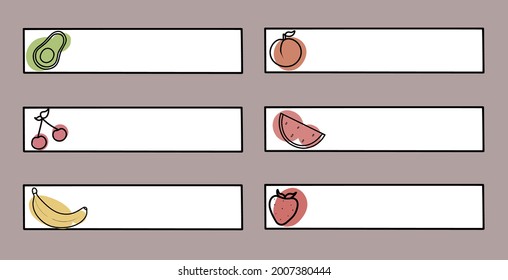 Stickers for notes with original fruit designs. Stickers for study, home design, planner. Vector hand drawn. Summer stickers with pictures of banana, avocado, strawberry, peach, cherry and watermelon